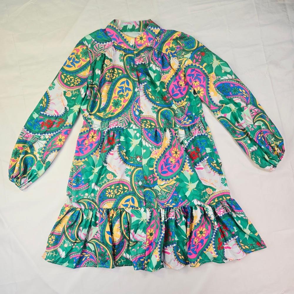 Women's Paisley Ruffle Mini Dress Size XS Green Multi Button Long Sleeve